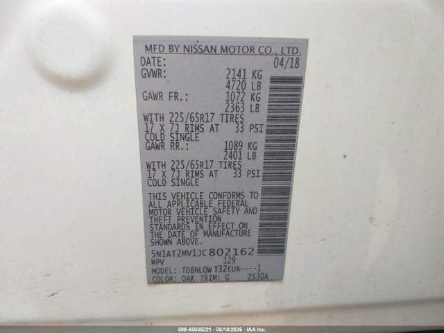 45836221 :رقم المزاد ، 5N1AT2MV1JC802162 vin ، 2018 Nissan Rogue Sv مزاد بيع