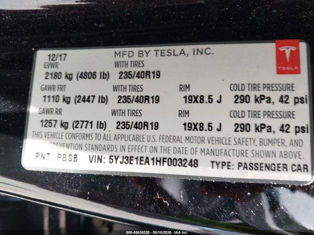2017 Tesla Model 3 Long Range/standard მანქანა იყიდება აუქციონზე, vin: 5YJ3E1EA1HF003248, აუქციონის ნომერი: 45836228