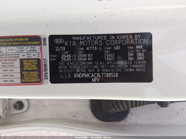 45836231 :رقم المزاد ، KNDPMCAC8L7788518 vin ، 2020 Kia Sportage Lx مزاد بيع