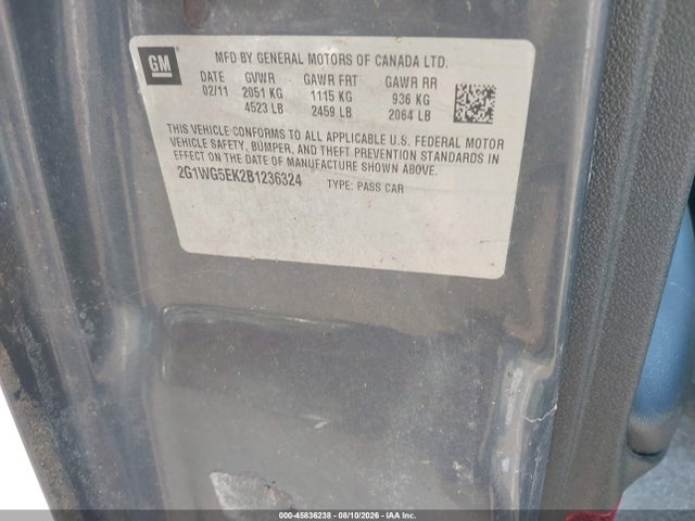 Продажа на аукционе авто 2011 Chevrolet Impala Lt, vin: 2G1WG5EK2B1236324, номер лота: 45836238