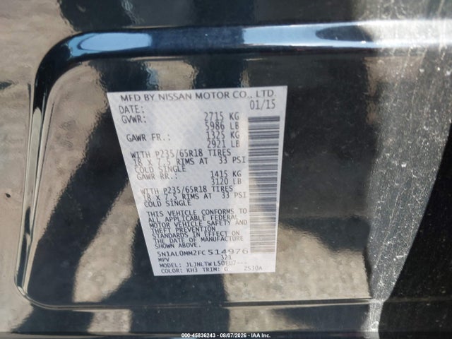Продажа на аукционе авто 2015 Infiniti Qx60, vin: 5N1AL0MM2FC514976, номер лота: 45836243