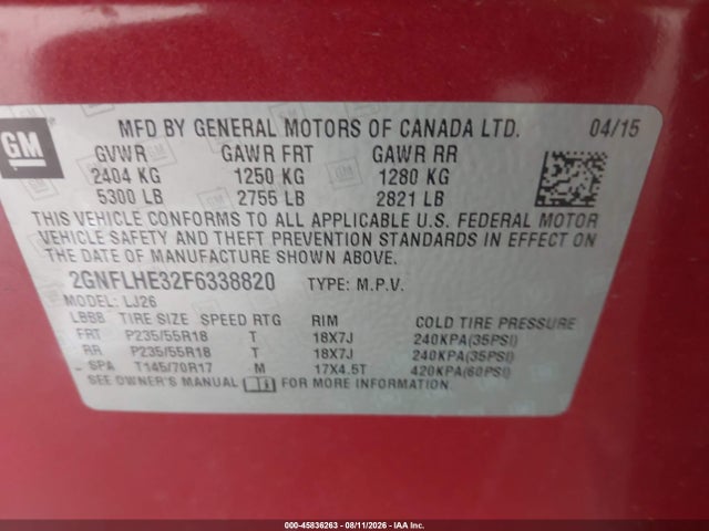 45836263 :رقم المزاد ، 2GNFLHE32F6338820 vin ، 2015 Chevrolet Equinox Ltz مزاد بيع