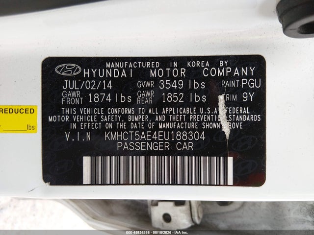 45836266 :رقم المزاد ، KMHCT5AE4EU188304 vin ، 2014 Hyundai Accent Gs مزاد بيع