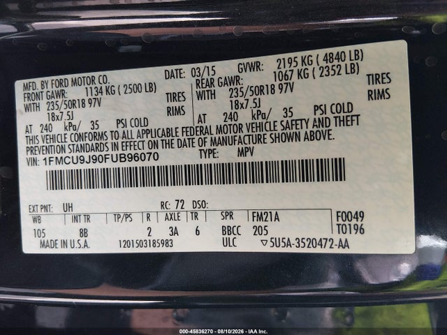 Ford Escape Titanium 2015 1FMCU9J90FUB96070 Image 9