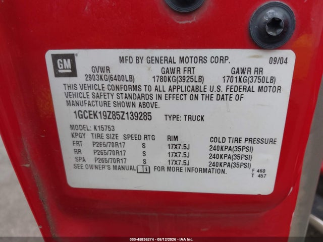 2005 Chevrolet Silverado 1500 Lt მანქანა იყიდება აუქციონზე, vin: 1GCEK19Z85Z139285, აუქციონის ნომერი: 45836274