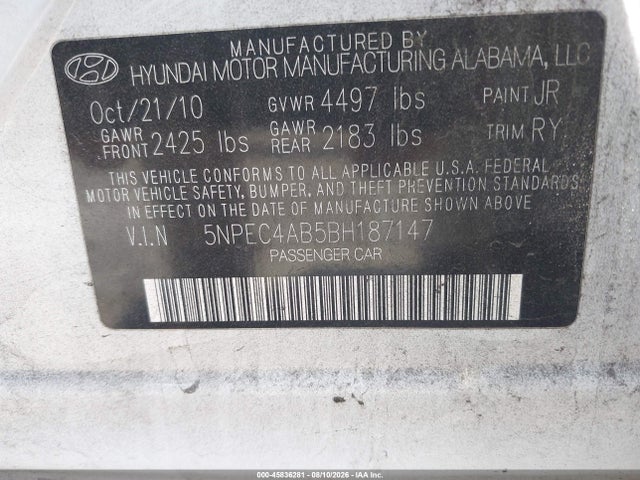 2011 Hyundai Sonata Se 2.0t მანქანა იყიდება აუქციონზე, vin: 5NPEC4AB5BH187147, აუქციონის ნომერი: 45836281