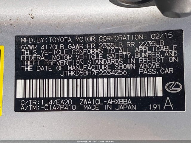 Продажа на аукционе авто 2015 Lexus Ct 200h, vin: JTHKD5BH7F2234256, номер лота: 45836292