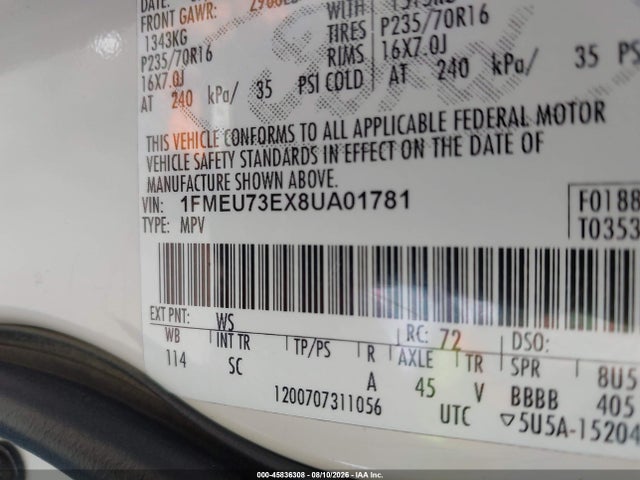 Продажа на аукционе авто 2008 Ford Explorer Xlt, vin: 1FMEU73EX8UA01781, номер лота: 45836308