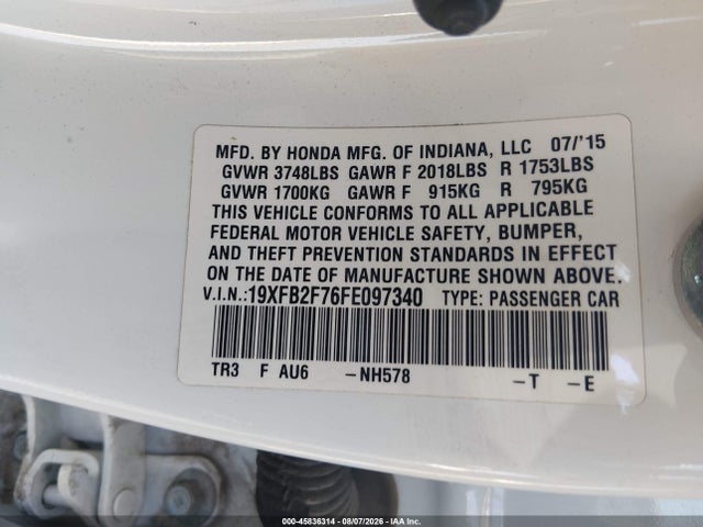 2015 Honda Civic Se მანქანა იყიდება აუქციონზე, vin: 19XFB2F76FE097340, აუქციონის ნომერი: 45836314