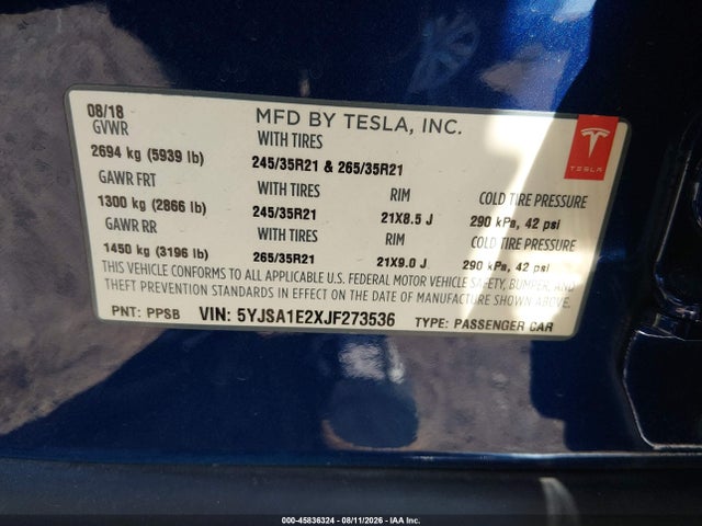 Tesla Model S 100d/75d/p100d 2018 5YJSA1E2XJF273536 Image 9