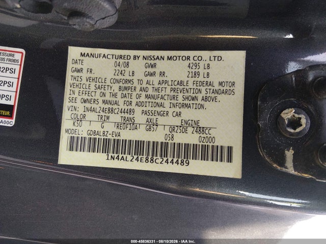 2008 Nissan Altima 2.5 S მანქანა იყიდება აუქციონზე, vin: 1N4AL24E88C244489, აუქციონის ნომერი: 45836331
