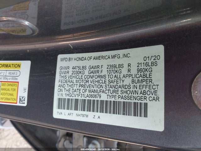 Продажа на аукционе авто 2020 Honda Accord Sport, vin: 1HGCV1F31LA060679, номер лота: 45836340