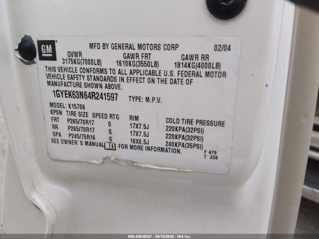 45836347 :رقم المزاد ، 1GYEK63N64R241597 vin ، 2004 Cadillac Escalade Standard مزاد بيع