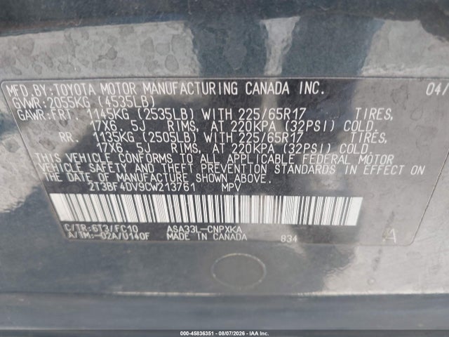 45836351 :رقم المزاد ، 2T3BF4DV9CW213761 vin ، 2012 Toyota Rav4 مزاد بيع