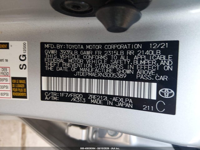 Toyota COROLLA LE 2022 JTDEPMAEXN3005389 Image 9