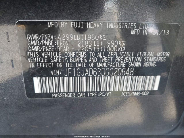 2013 Subaru Impreza 2.0i Premium მანქანა იყიდება აუქციონზე, vin: JF1GJAD63DG020648, აუქციონის ნომერი: 45836365