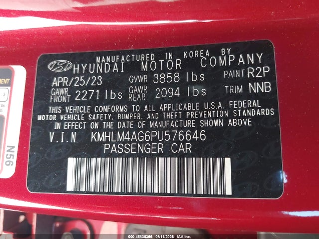 KMHLM4AG6PU576646 Hyundai ELANTRA SEL