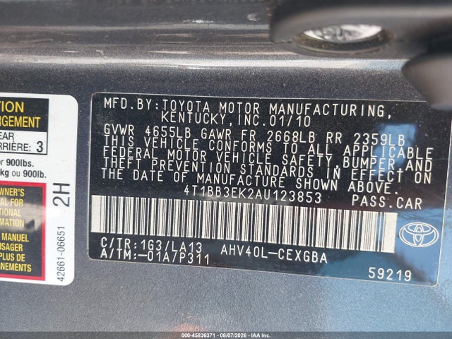2010 Toyota Camry Hybrid მანქანა იყიდება აუქციონზე, vin: 4T1BB3EK2AU123853, აუქციონის ნომერი: 45836371