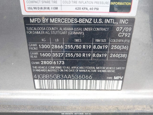 Aukcja sprzedaży 2010 Mercedes-benz Ml 350, vin: 4JGBB5GB3AA536066, numer aukcji: 45836374