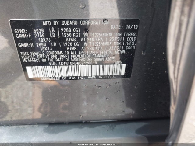 Aukcja sprzedaży 2020 Subaru Outback Onyx Edition Xt, vin: 4S4BTGHD6L3120819, numer aukcji: 45836384
