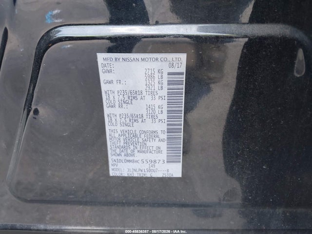 Aukcja sprzedaży 2017 Infiniti Qx60, vin: 5N1DL0MM8HC559873, numer aukcji: 45836387