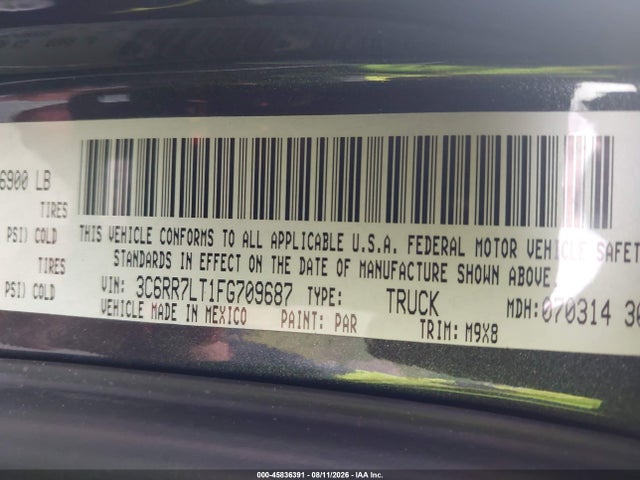45836391 :رقم المزاد ، 3C6RR7LT1FG709687 vin ، 2015 Ram 1500 Big Horn مزاد بيع
