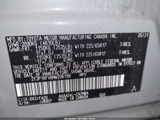 2T3P1RFV6MW206198 Toyota Rav4 Xle