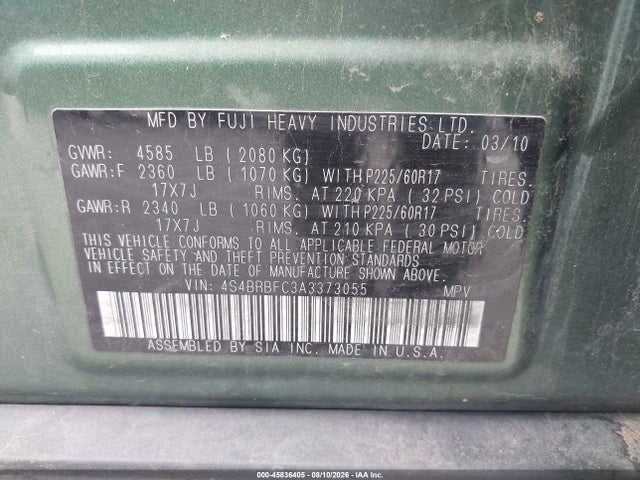 Продажа на аукционе авто 2010 Subaru Outback 2.5i Premium, vin: 4S4BRBFC3A3373055, номер лота: 45836405