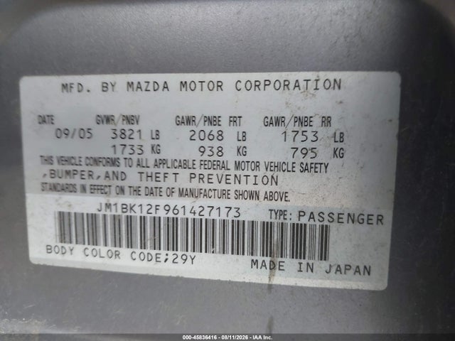 Продажа на аукционе авто 2006 Mazda Mazda3 I, vin: JM1BK12F961427173, номер лота: 45836416