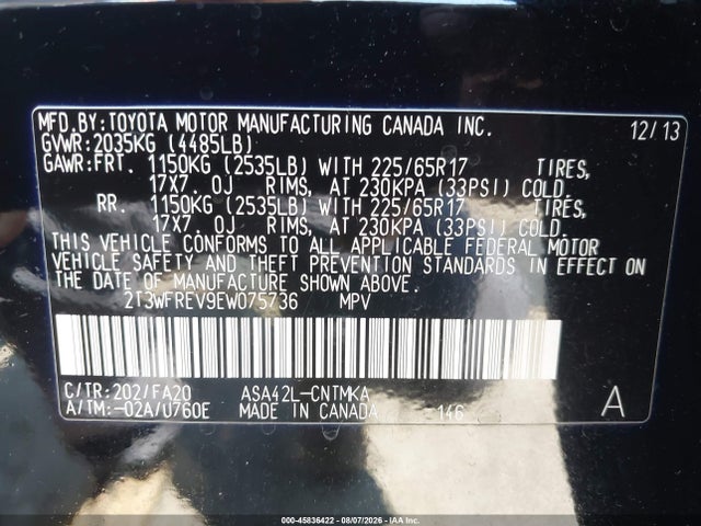 2T3WFREV9EW075736 Toyota Rav4 Xle