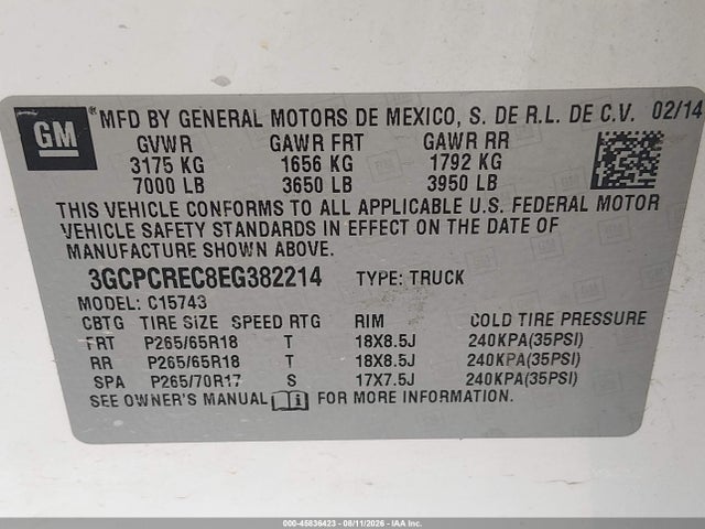 Продаж на аукціоні авто 2014 Chevrolet Silverado 1500 Lt, vin: 3GCPCREC8EG382214, номер лоту: 45836423