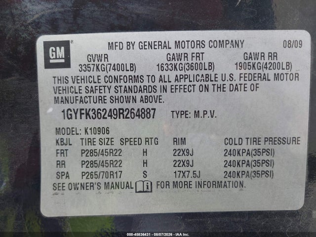 Продажа на аукционе авто 2009 Cadillac Escalade Esv Platinum Edition, vin: 1GYFK36249R264887, номер лота: 45836431