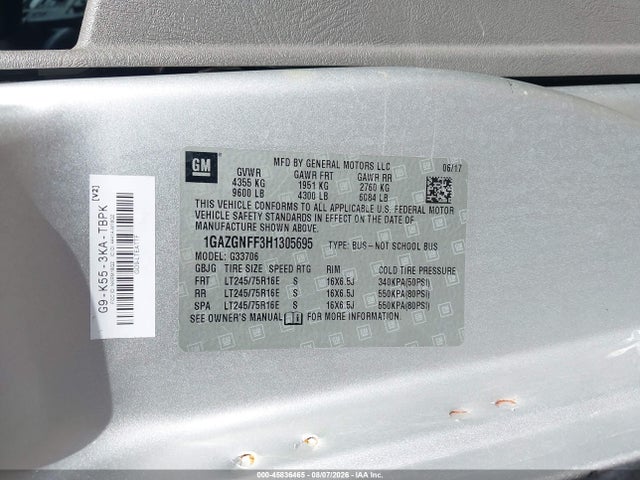 Chevrolet Express 3500 Ls 2017 1GAZGNFF3H1305695 Image 9