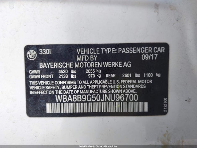 45836468 :رقم المزاد ، WBA8B9G50JNU96700 vin ، 2018 Bmw 330i مزاد بيع