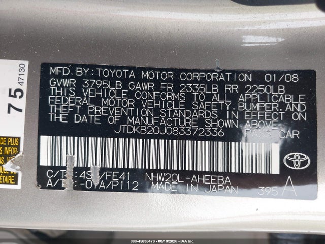 Продажа на аукционе авто 2008 Toyota Prius, vin: JTDKB20U083372336, номер лота: 45836470