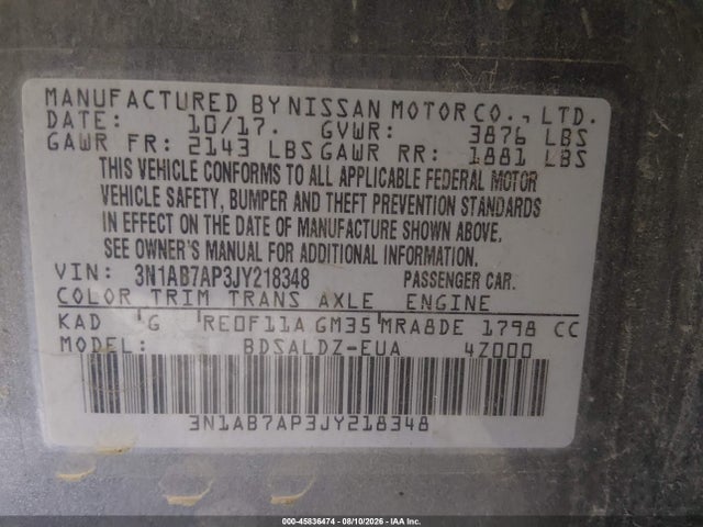 45836474 :رقم المزاد ، 3N1AB7AP3JY218348 vin ، 2018 Nissan Sentra Sv مزاد بيع