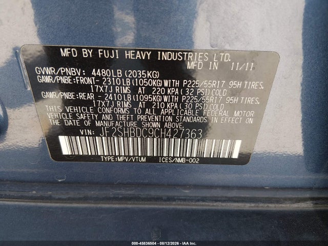 Продаж на аукціоні авто 2012 Subaru Forester 2.5x Premium, vin: JF2SHBDC9CH427363, номер лоту: 45836504