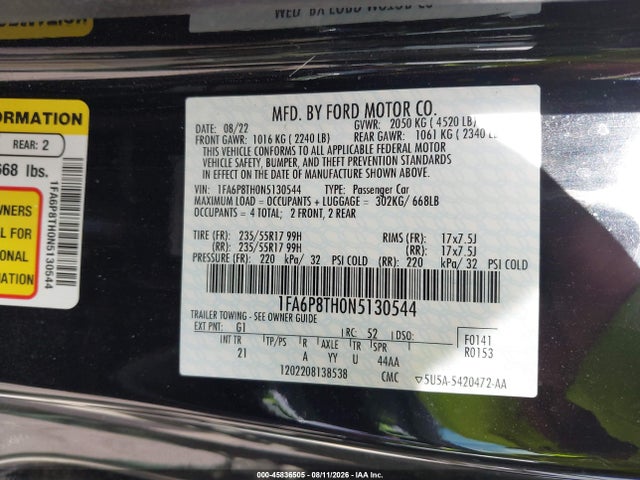 2022 Ford Mustang Ecoboost Fastback მანქანა იყიდება აუქციონზე, vin: 1FA6P8TH0N5130544, აუქციონის ნომერი: 45836505