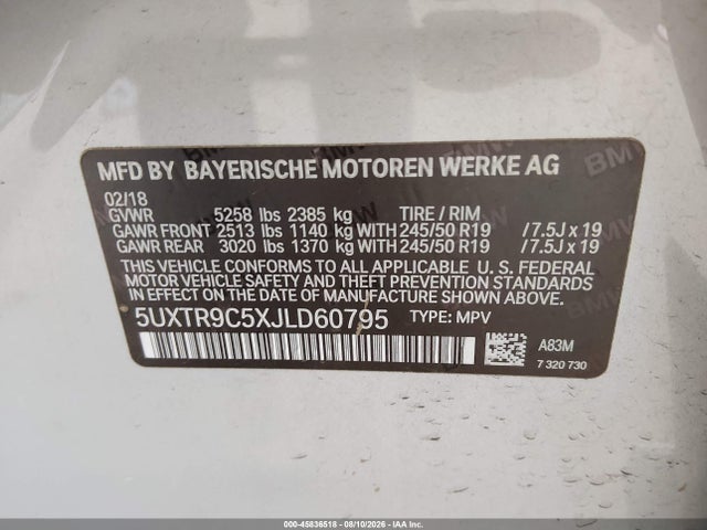 BMW X3 Xdrive30i 2018 5UXTR9C5XJLD60795 Image 9