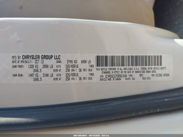 45836541 :رقم المزاد ، 2C4RDGCG7DR581540 vin ، 2013 Dodge Grand Caravan Sxt مزاد بيع