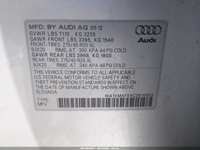 Продажа на аукционе авто 2012 Audi Q7 3.0 Tdi Premium, vin: WA1VMAFE9CD010553, номер лота: 45836547