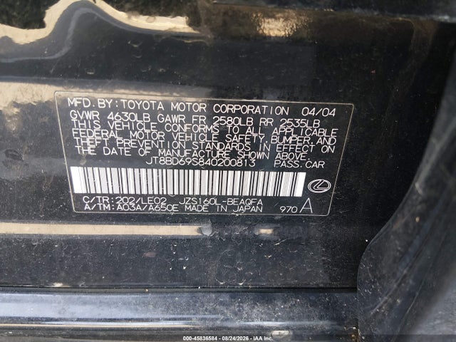 Aukcja sprzedaży 2004 Lexus Gs 300, vin: JT8BD69S840200813, numer aukcji: 45836584
