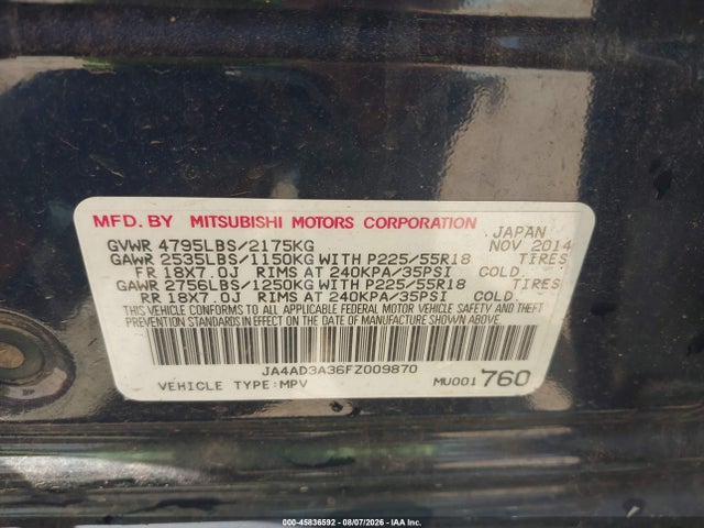 Aukcja sprzedaży 2015 Mitsubishi Outlander Se, vin: JA4AD3A36FZ009870, numer aukcji: 45836592