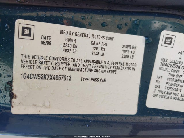 Продаж на аукціоні авто 1999 Buick Park Avenue, vin: 1G4CW52K7X4657013, номер лоту: 45836598
