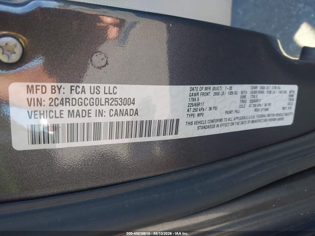 Aukcja sprzedaży 2020 Dodge Grand Caravan Sxt, vin: 2C4RDGCG0LR253004, numer aukcji: 45836618