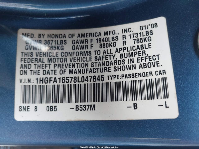2008 Honda Civic Lx მანქანა იყიდება აუქციონზე, vin: 1HGFA16578L047845, აუქციონის ნომერი: 45836665