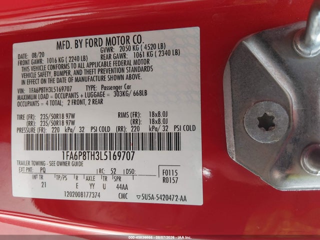 2020 Ford Mustang Ecoboost Fastback მანქანა იყიდება აუქციონზე, vin: 1FA6P8TH3L5169707, აუქციონის ნომერი: 45836666
