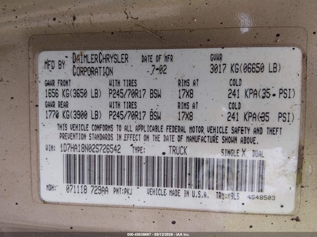 Aukcja sprzedaży 2002 Dodge Ram 1500 St, vin: 1D7HA18N02S726542, numer aukcji: 45836697
