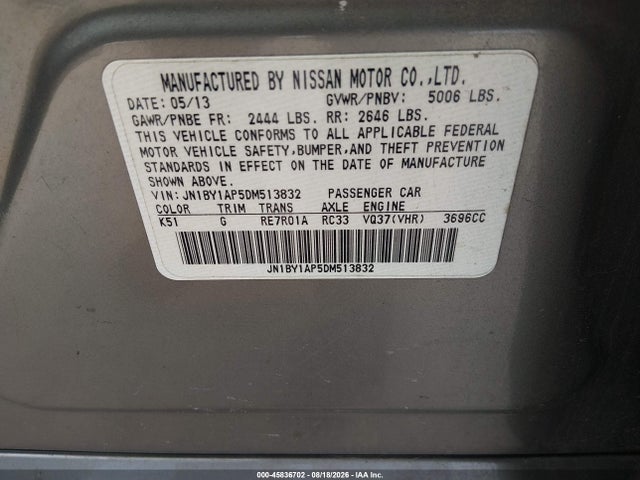 Aukcja sprzedaży 2013 Infiniti M37, vin: JN1BY1AP5DM513832, numer aukcji: 45836702