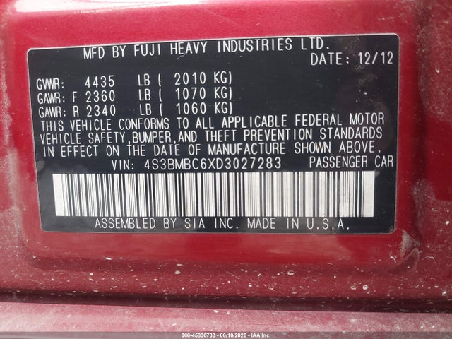 Продаж на аукціоні авто 2013 Subaru Legacy 2.5i Premium, vin: 4S3BMBC6XD3027283, номер лоту: 45836703
